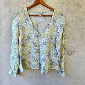 Lucky Brand Floral Long Sleeve Ruffle Top White Yellow Blue Gray Size XS